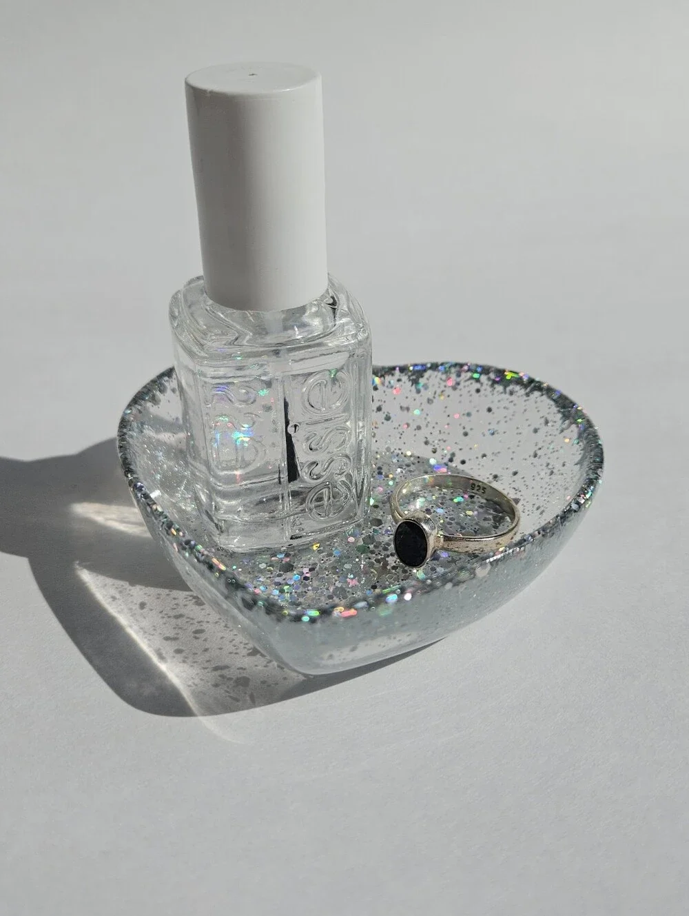Handmade Holographic Silver Glitter Mini Heart Resin Dish Princess Fairycore Tra